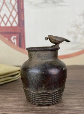 仿古合金铜乌鸦喝水瓶子摆件鸟瓶罐子摆件创意家居办公室桌面摆件