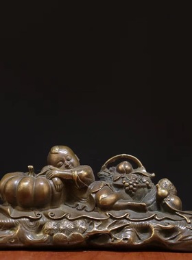 仿古铜弥勒佛五谷丰登高枕无忧摆件大肚黄铜佛像家居镇尺汽车装饰