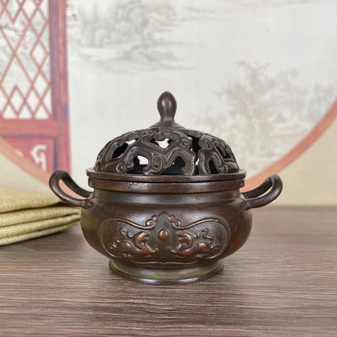 民间收藏老铜器黄铜香炉宣字底双耳麒麟香炉熏香炉居家摆件收藏品