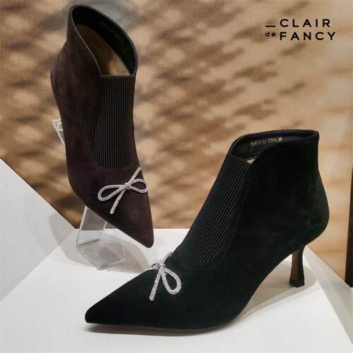 CLAIR de FANCY 新款水钻蝴蝶结中筒靴尖头显瘦绒面短靴1500247