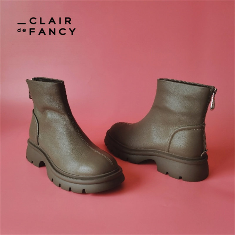 CLAIR de FANCY帅气舒适单层皮切尔西靴圆头后拉链女短靴1458937