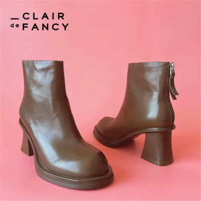 CLAIR de FANCY轻奢时尚复古百搭粗高跟圆头后拉链女短靴1658837