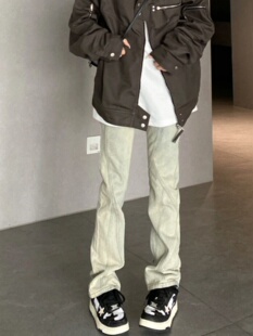 美式复古vibe裤子高街潮牌水洗黄泥染牛仔裤男加绒修身直筒微喇裤