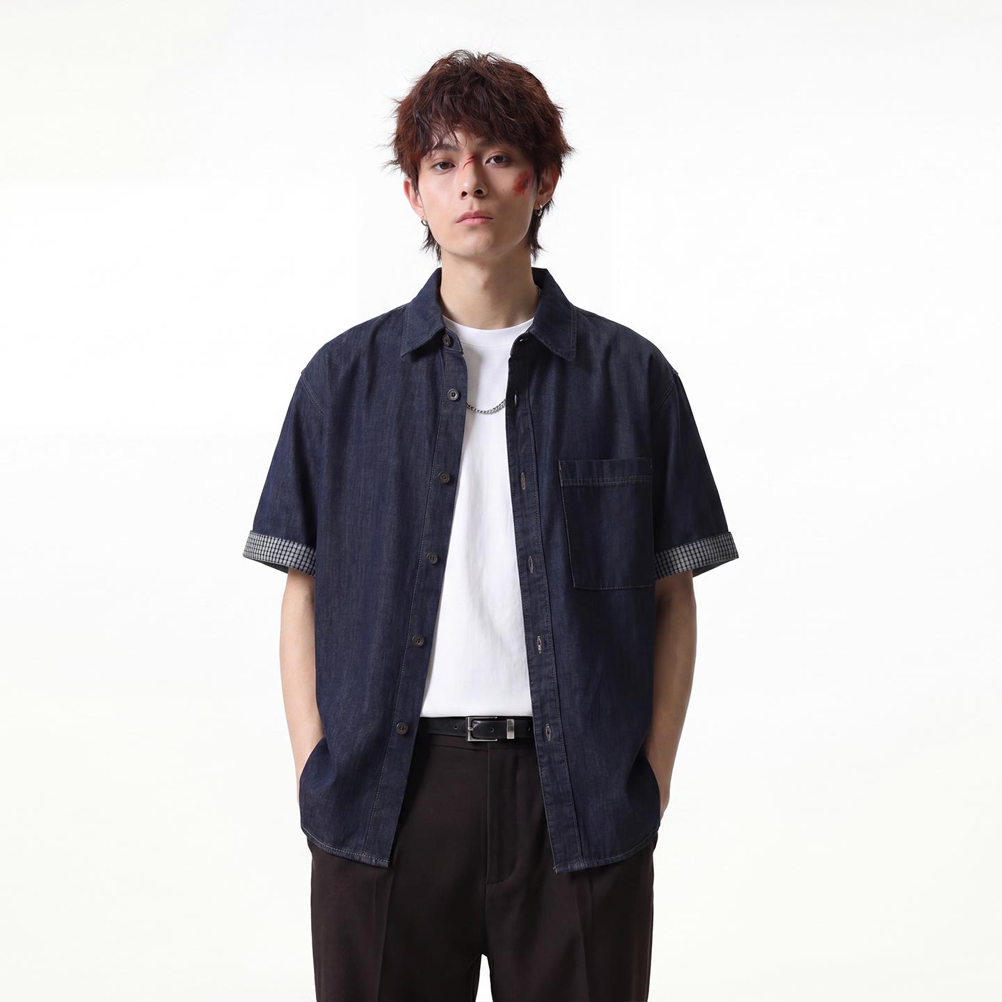 JIINOO棉麻原色牛仔短袖