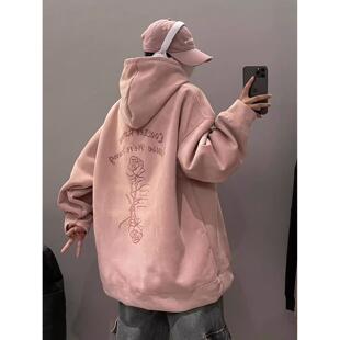 加绒连帽卫衣男款春秋季重磅麂皮绒字母高街舞服宽松帽衫外套粉色