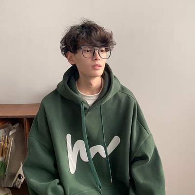 墨绿色连帽卫衣男2025新款春秋宽松潮牌宽松日系重磅男生上衣外套