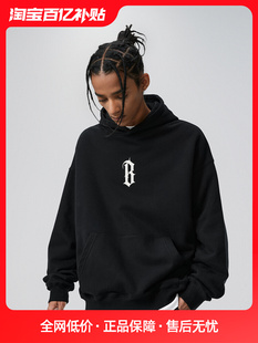 BONELESS基础B字胶浆印花加绒帽衫美式高街复古针织重磅连帽卫衣