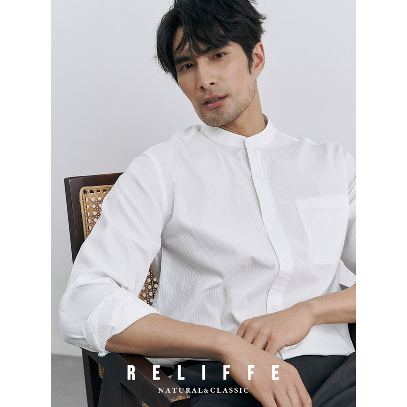 绅士暗条纹中式立领纯棉休闲衬衫商务轻熟夏季长袖无领白色衬衣男