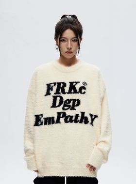 FRKC 国潮美式字母印花毛衣男女秋冬季加厚高街情侣装针织衫上衣