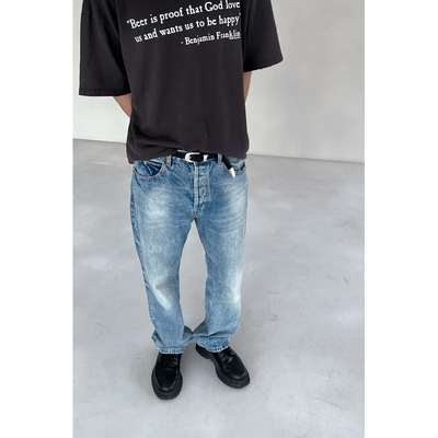 GREMADE 雪花纹理复古美式直筒裤脚磨破蓝牛仔裤休闲长裤男