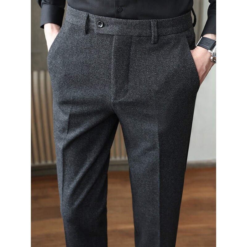 男裤子加厚羊毛呢子秋冬季冬款高端粗花呢人字纹修身男士休闲西裤