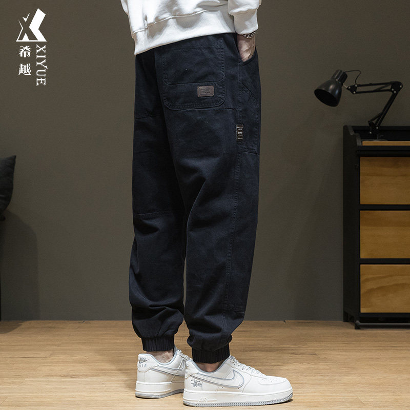 工装裤男款纯棉2025秋季新款休闲裤宽松大码罗纹拼接束脚裤子男款