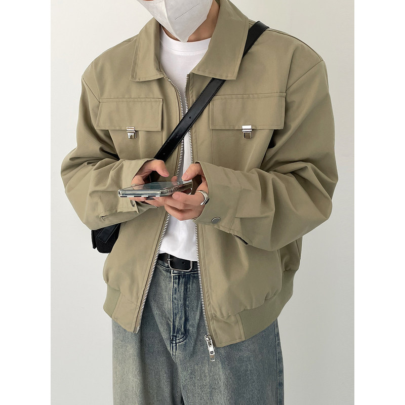 SF/秋春新韩版时髦潮气质复古飞机服夹克男士宽松版垫肩翻领外套