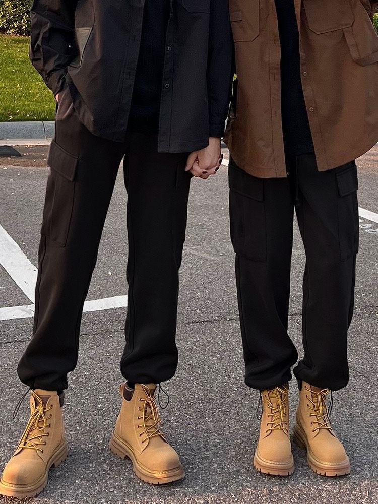 情侣装机能束脚工装裤男春秋加绒潮牌运动休闲长裤宽松直筒卫裤子