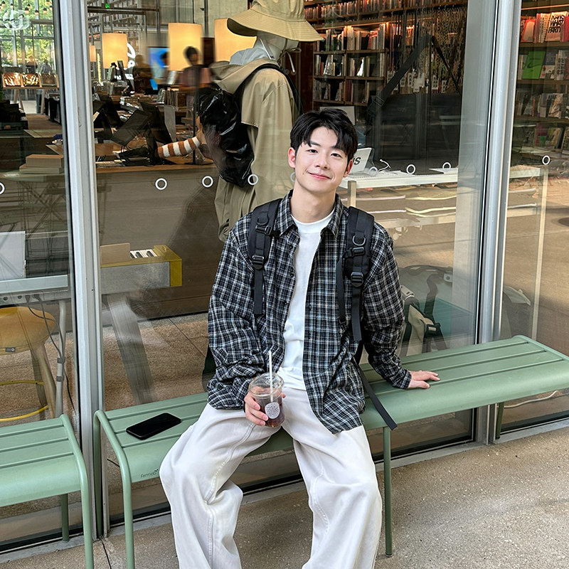 黑格子长袖衬衫男生休闲宽松衬衣慵懒风垂感春秋季韩版上衣外套