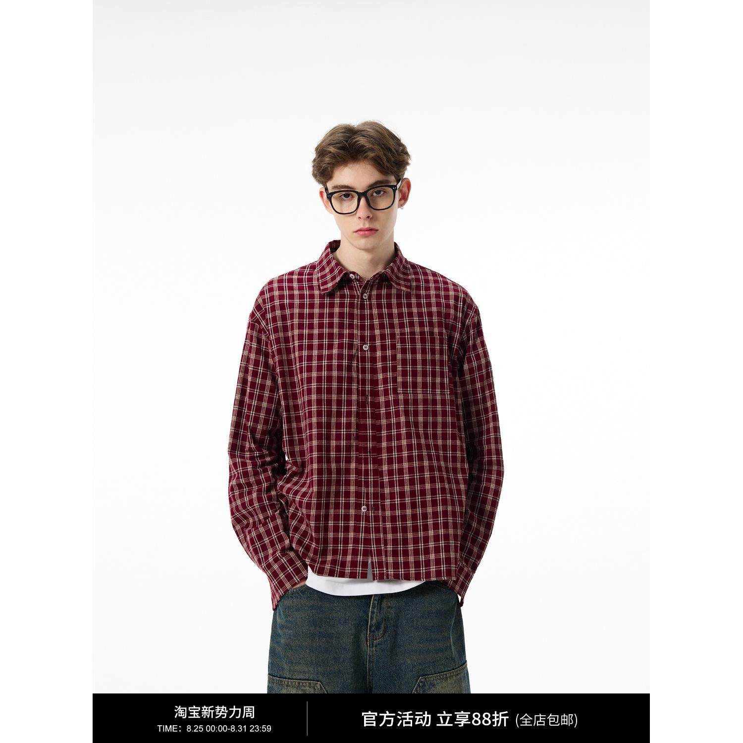 MADWITCH美式复古红色格子衬衫外套男女宽松休闲新款长袖外套上衣