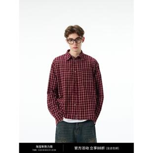 MADWITCH美式复古红色格子衬衫外套男女宽松休闲新款长袖外套上衣