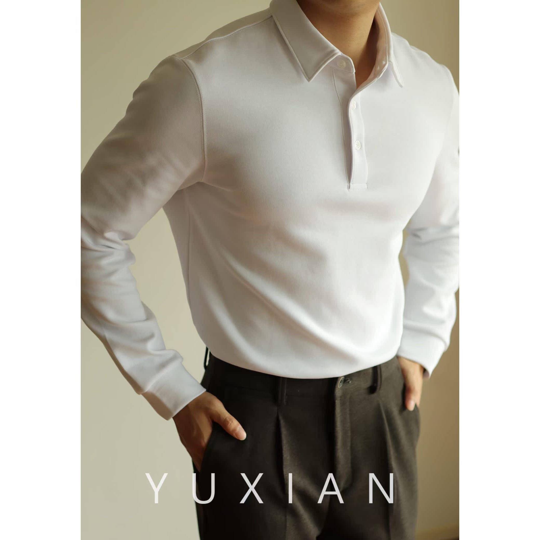 YUXIAN高端空气层棉长袖POLO衫重磅T恤翻领男士纯色商务四季秋冬