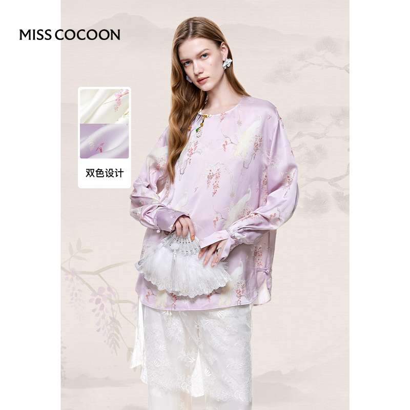 MISSCOCOON古风新中式盘扣孔雀印花衬衫早秋款