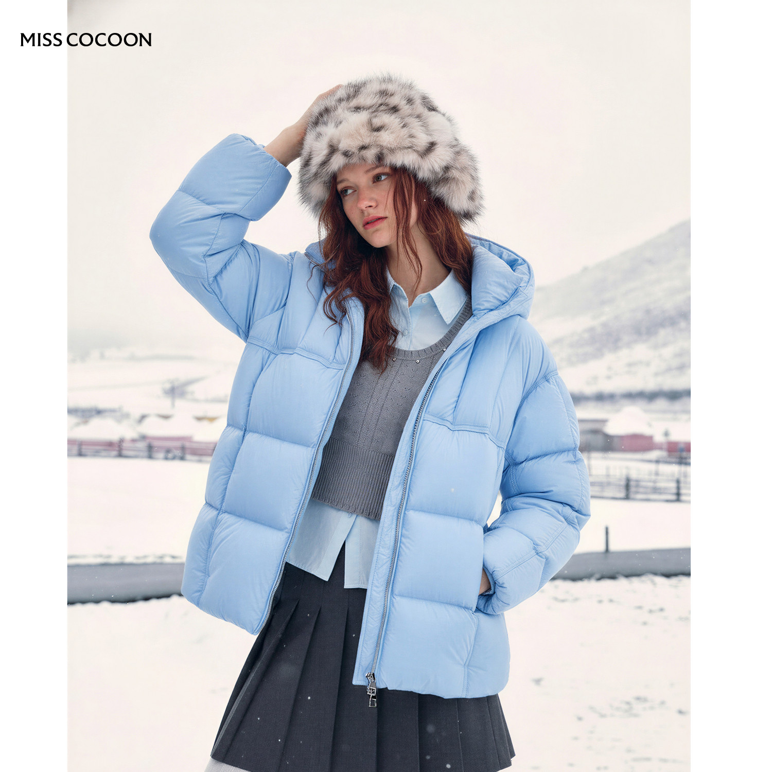 【90%白鸭绒】MISSCOCOON微皱防风连帽蓝色泡芙羽绒服短款冬款