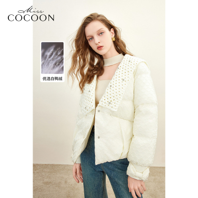 MISSSCOCOON华夫格领羽绒服拼接毛织翻领钉钻蝴蝶结