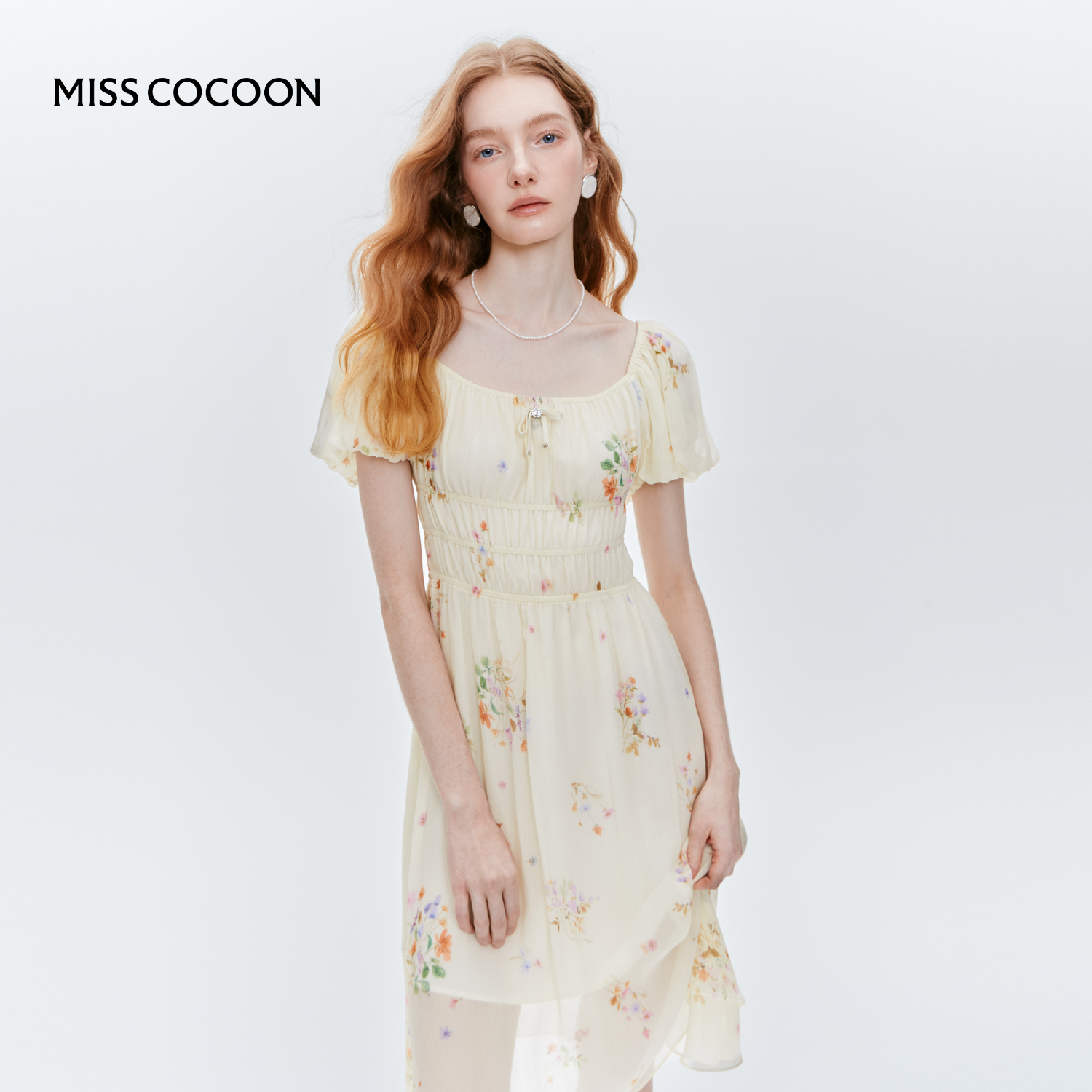 MISSCOCOON桑蚕丝印花度假裙花苞袖腰部抽褶连衣裙25夏新款