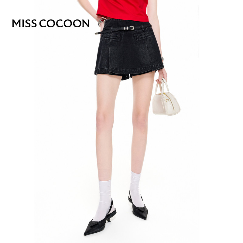 MISSCOCOON复古丹宁水洗腰带A字高腰裙裤2色黑色牛仔蓝夏新款