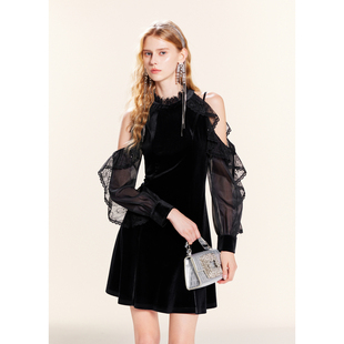 MISSCOCOON黑色光感丝绒蕾丝裙露肩连衣裙小礼服秋款