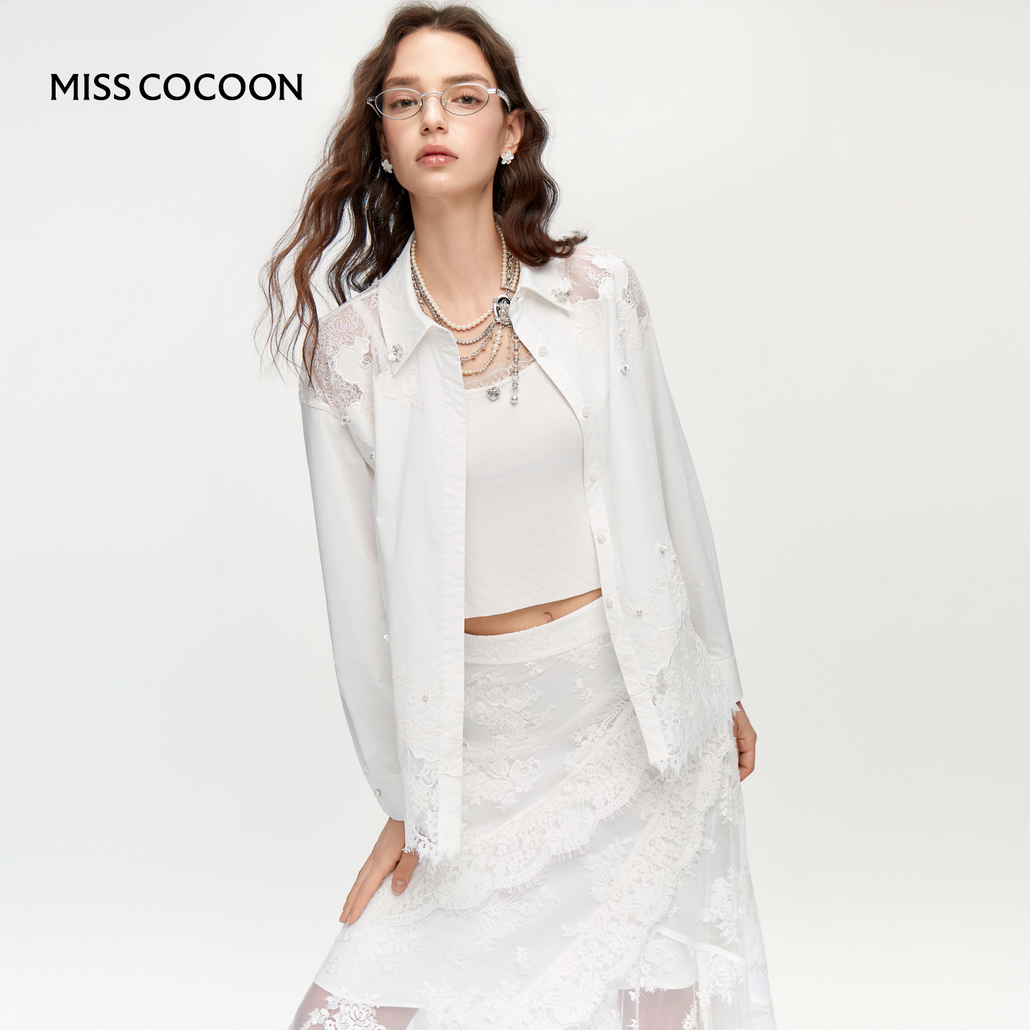 MISSCOCOON重工镂空蕾丝绣花白色衬衫优雅时尚设计感上衣25秋新款