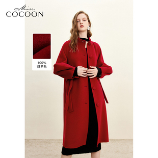 蝴蝶结装 可可尼cocoon立领羊腿袖 饰羊毛双面呢大衣