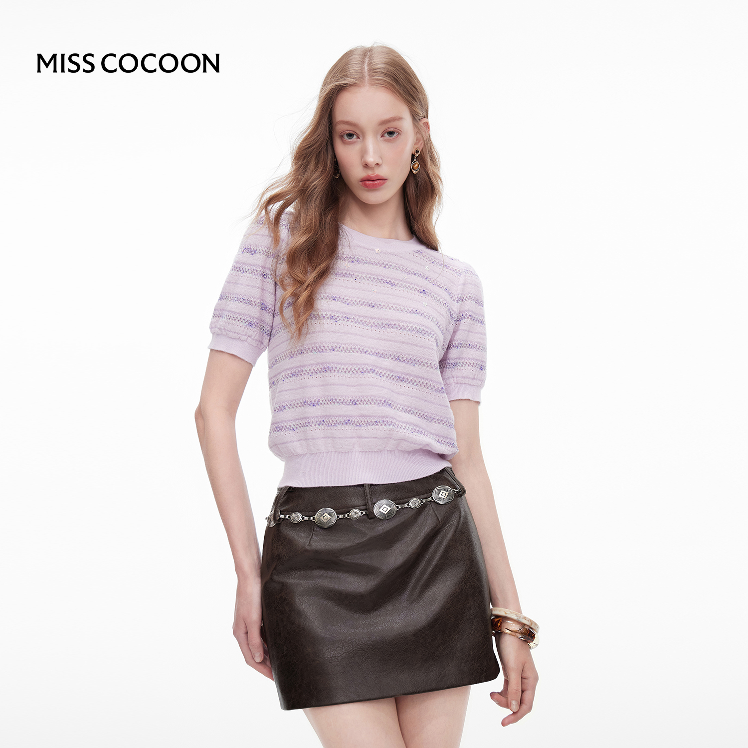 MISSCOCOON粉色上衣条纹短袖绵羊毛针织衫25秋新款