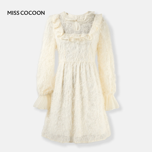【七七酱专享】MISSCOCOON法式浪漫裙子羽毛纱荷叶边蕾丝连衣裙