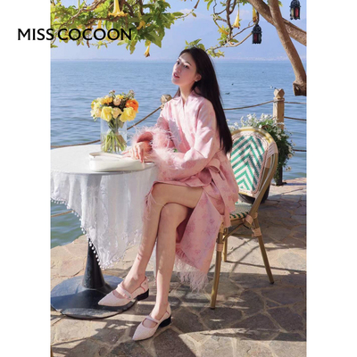 MISSCOCOON新中式孔雀提花羽毛棉服袖口鸵鸟毛粉色外套秋款