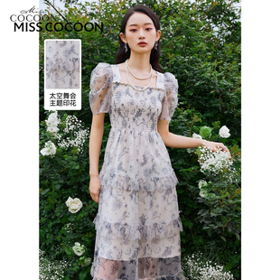 可可尼cocoon太空舞会印花蕾丝网纱方领连衣裙春夏