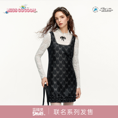 MISSCOCOON蓝精灵联名蕾丝拼接提花连衣裙钉钻蝴蝶结25冬新款