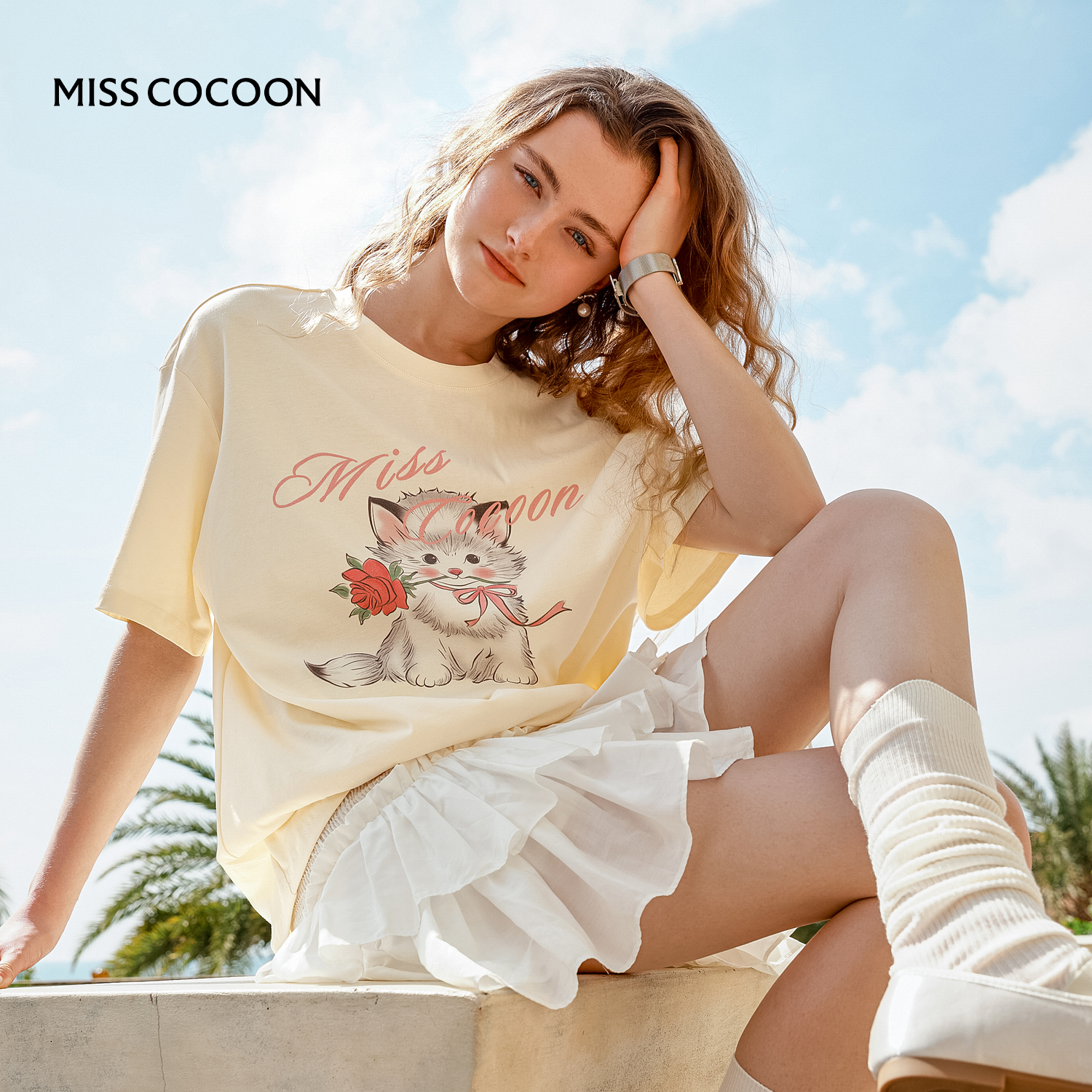 MISSCOCOON猫咪印花宽松T恤微落肩纯棉上衣黄色紫色25夏新款