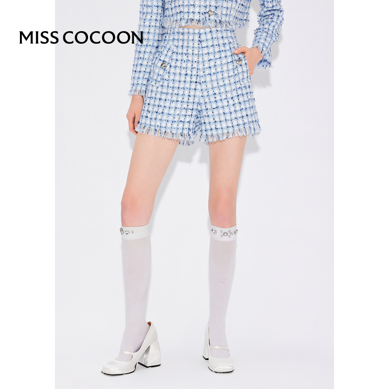 可可尼cocoon格纹拉毛A字高腰休闲短裤秋款