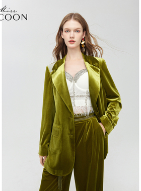 MISSCOCOON时髦绿色绣花面料上衣宽松高开叉拼接西装早秋