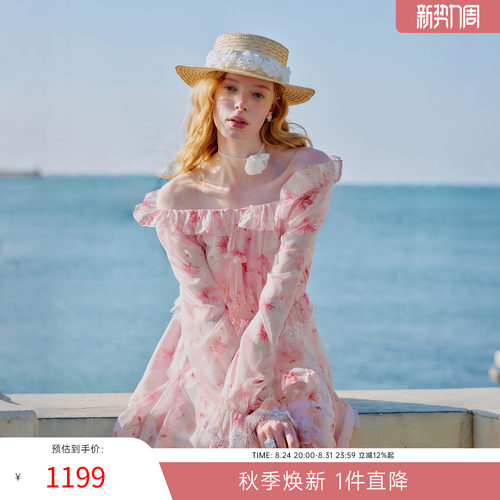 MISSCOCOON一字肩印花连衣裙蕾丝拼接度假风收腰雪纺裙26春新款