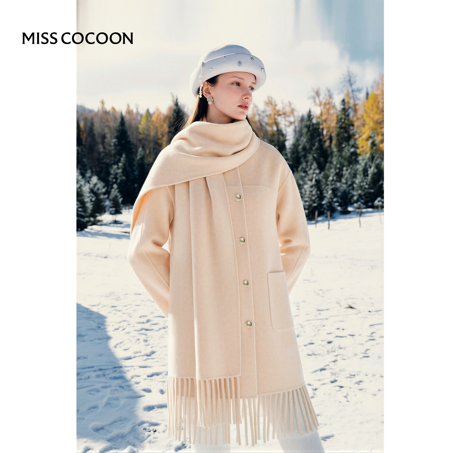 【含羊驼毛】MISSCOCOON围巾领流苏下摆直筒羊毛大衣冬新款