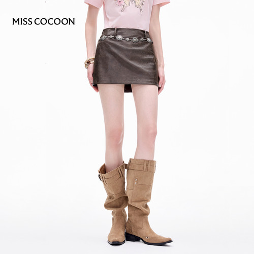 MISSCOCOON巴恩风棕色蛋白皮小A裙摩登短裙送腰带春新款