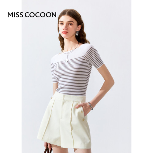 一字肩羊毛轻薄透气柔美性感时尚条纹针织衫