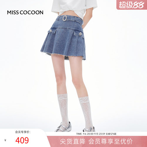 MISSCOCOON学院风牛仔百褶裙miu系毛边A字短裙夏新款