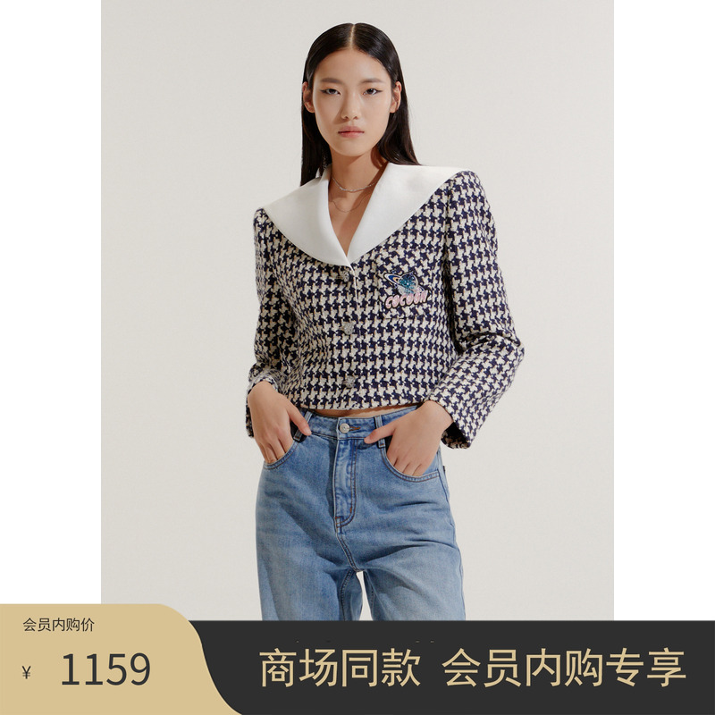 COCOON商场同款海军风千鸟格短外套女秋冬
