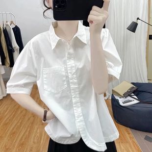 翻领衬衣 夏装 设计感纯棉休闲不规则小个子短袖 衬衫 女减龄上衣新款