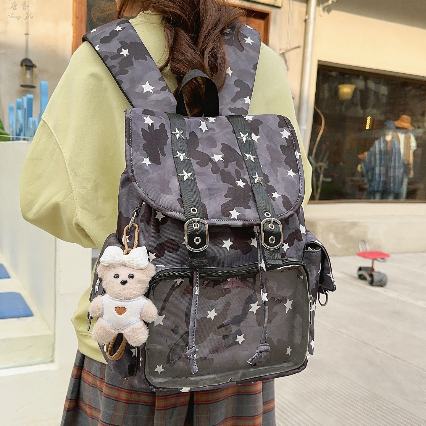 高颜值书包女复古初中生高中大学生迷彩双肩包小众设计感痛包背包