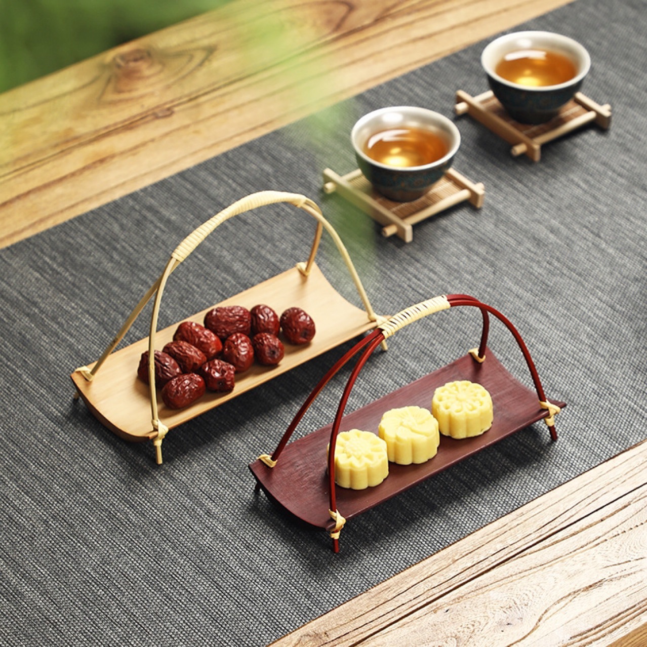 中式围炉煮茶果盘提托托盘竹编点心零食配件茶馆烤茶双层餐盘工具