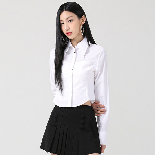 显瘦显身材辣妹修身短款长袖衬衫