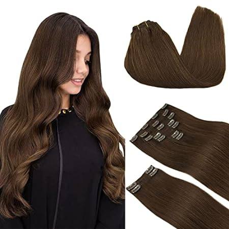 DOORES Clip in Hair Extensions Real Human Hair， Chocolate
