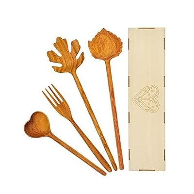 JABIHOME Wooden Serving Spoons and Forks Set of 4， Valent